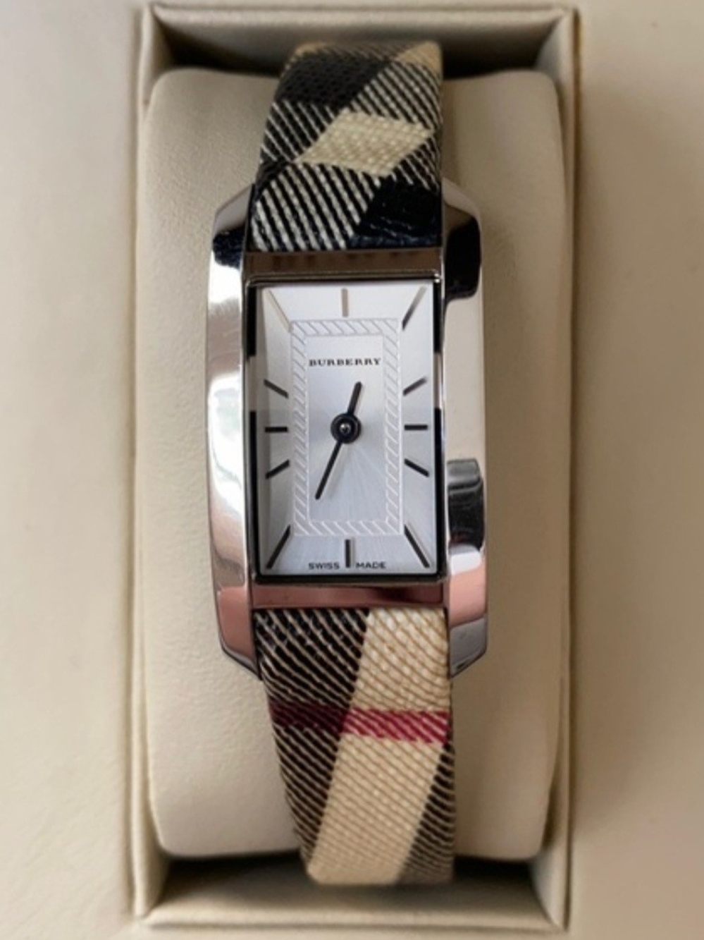 Burberry Plaid Strap Silver-Tone Rectangular Women's Watch - Picture 1 of 10
